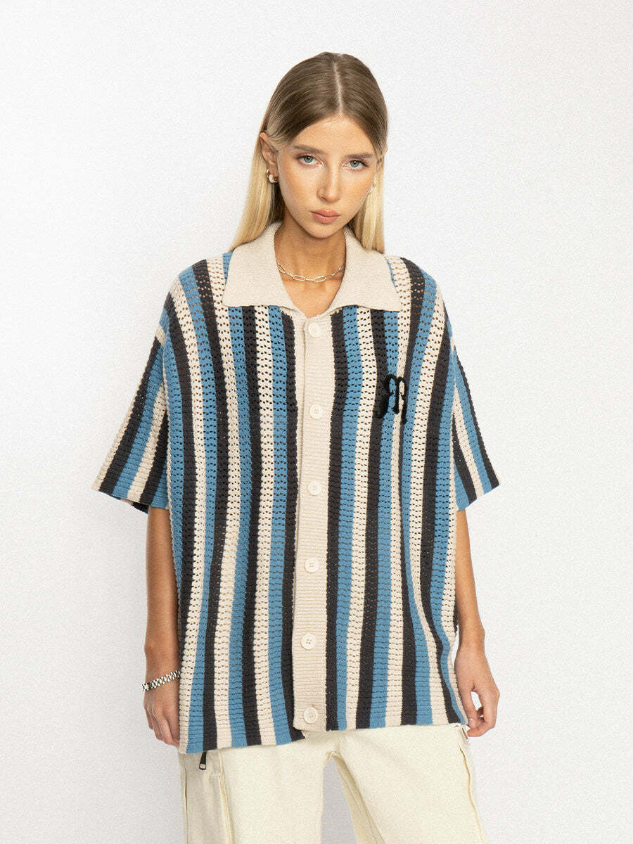 Y2K Striped Crochet Collar Shirt - Retro 90s Grunge, Summer Y2K Outfits, Pastel Goth Style