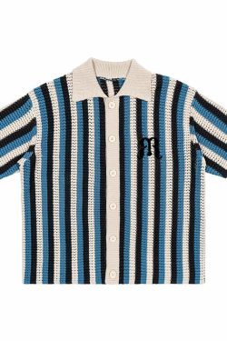 Y2K Striped Crochet Collar Shirt - Retro 90s Grunge, Summer Y2K Outfits, Pastel Goth Style