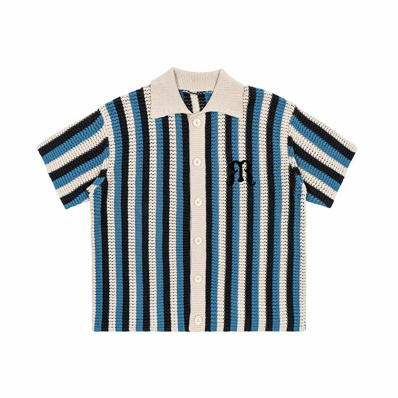 Y2K Striped Crochet Collar Shirt - Retro 90s Grunge, Summer Y2K Outfits, Pastel Goth Style