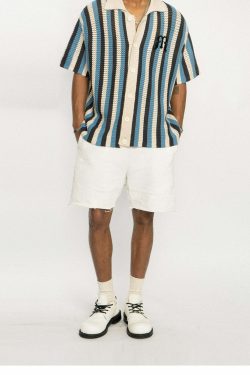 Y2K Striped Crochet Collar Shirt - Retro 90s Grunge, Summer Y2K Outfits, Pastel Goth Style