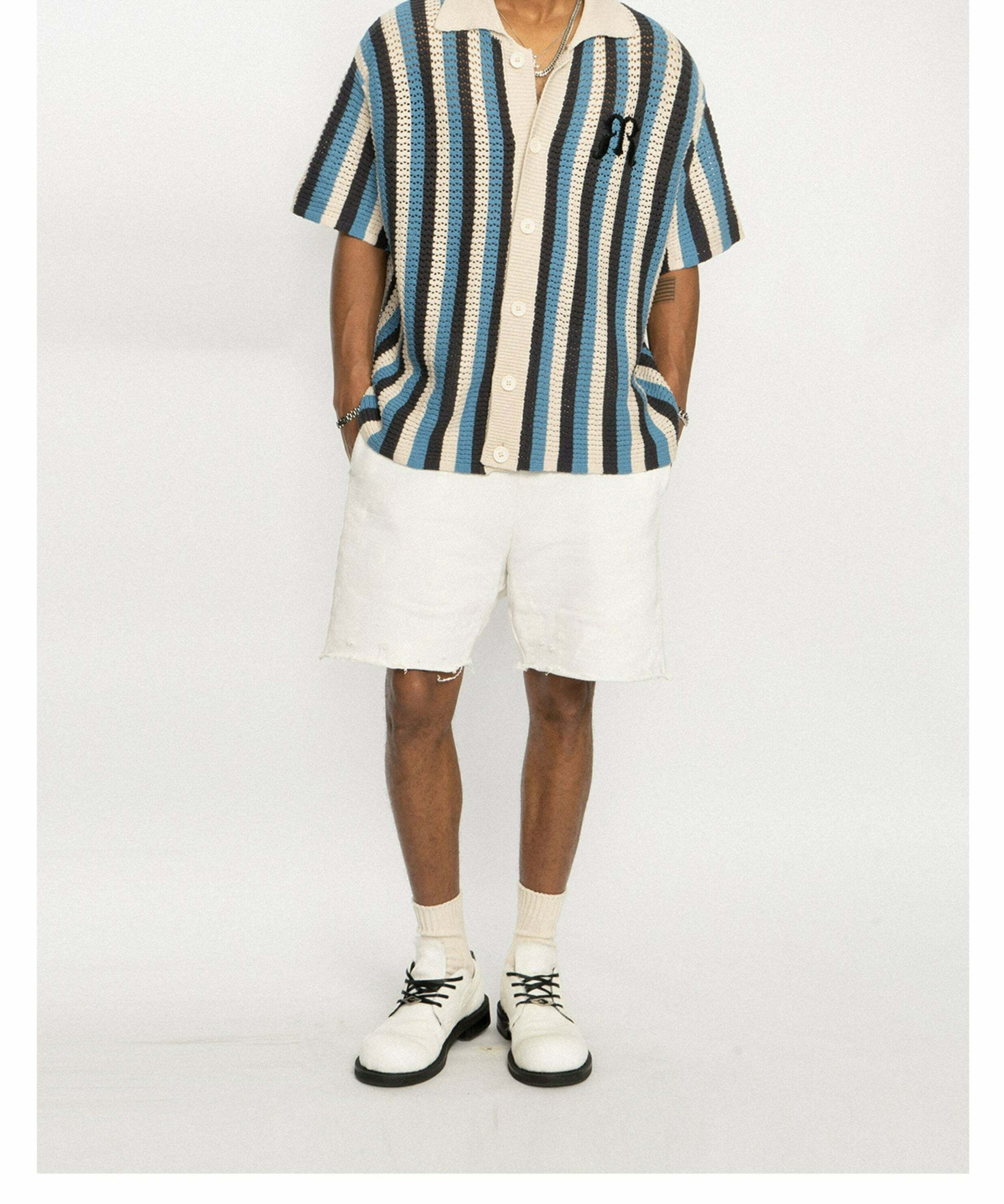 Y2K Striped Crochet Collar Shirt - Retro 90s Grunge, Summer Y2K Outfits, Pastel Goth Style