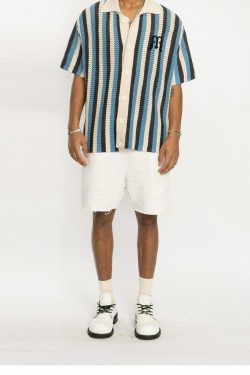 Y2K Striped Crochet Collar Shirt - Retro 90s Grunge, Summer Y2K Outfits, Pastel Goth Style