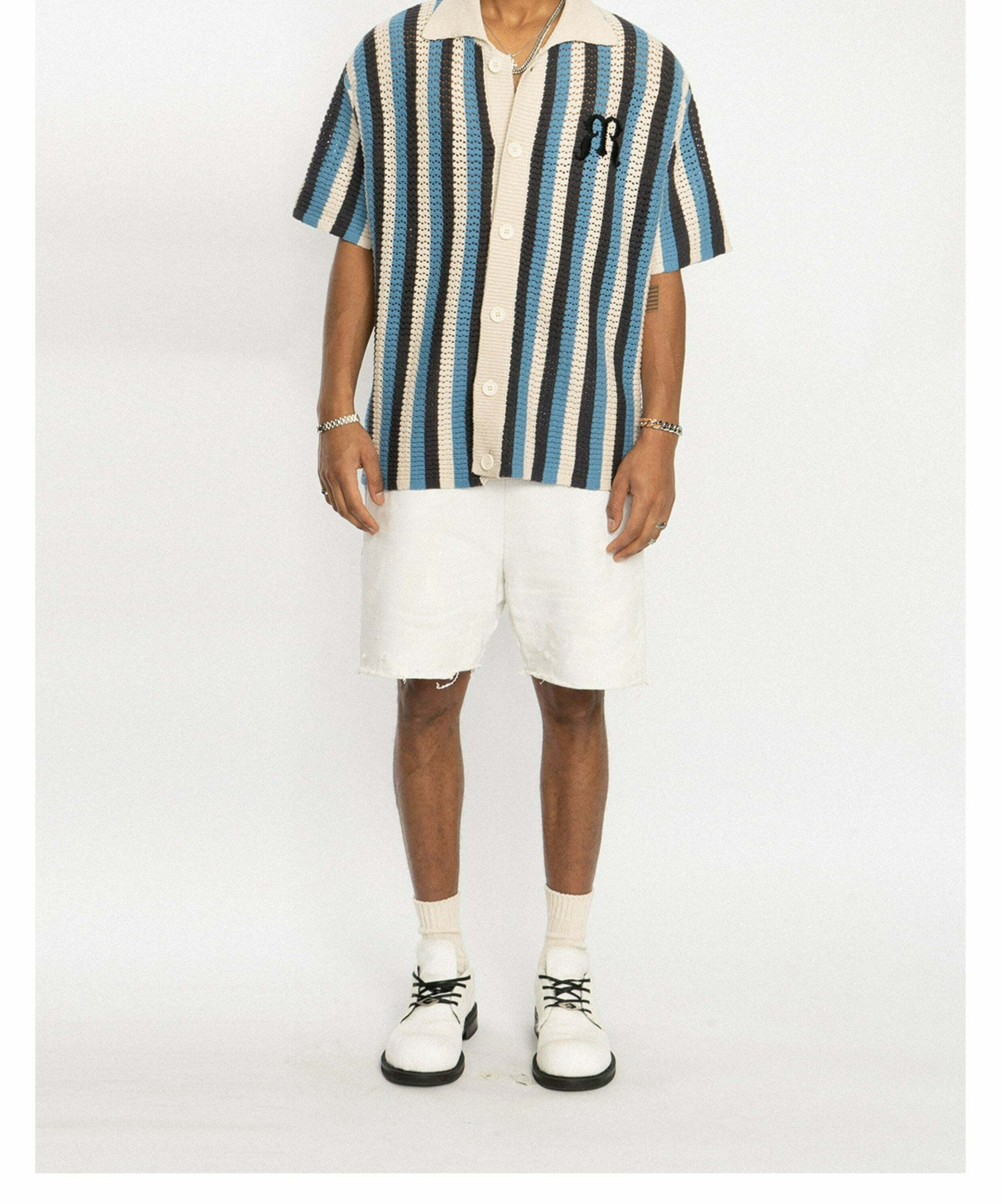 Y2K Striped Crochet Collar Shirt - Retro 90s Grunge, Summer Y2K Outfits, Pastel Goth Style