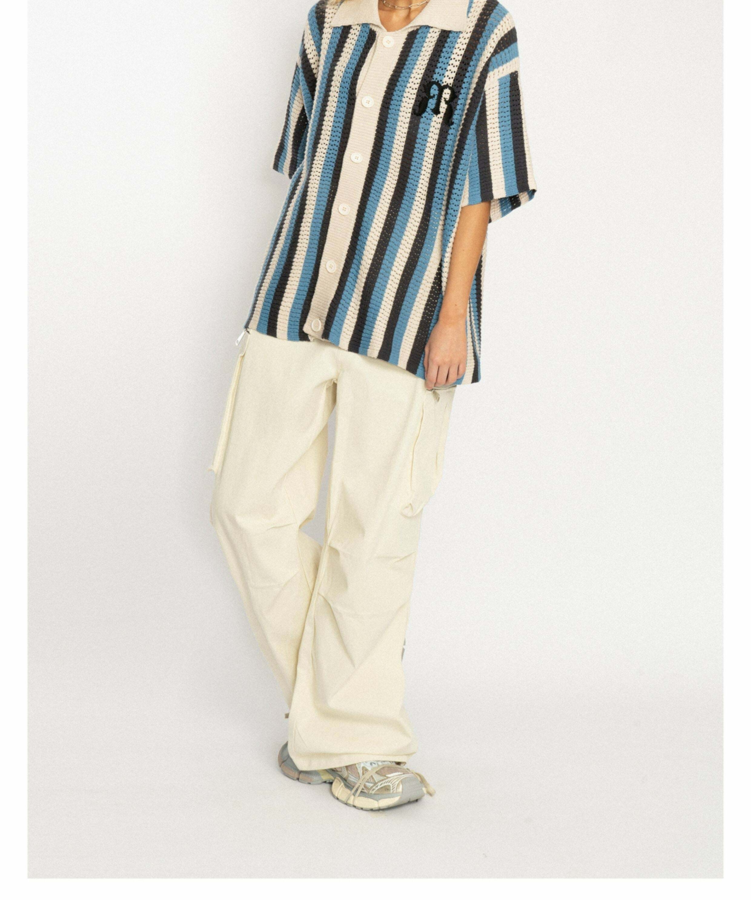 Y2K Striped Crochet Collar Shirt - Retro 90s Grunge, Summer Y2K Outfits, Pastel Goth Style