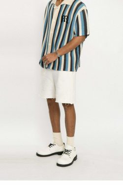 Y2K Striped Crochet Collar Shirt - Retro 90s Grunge, Summer Y2K Outfits, Pastel Goth Style