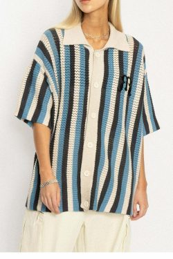 Y2K Striped Crochet Collar Shirt - Retro 90s Grunge, Summer Y2K Outfits, Pastel Goth Style
