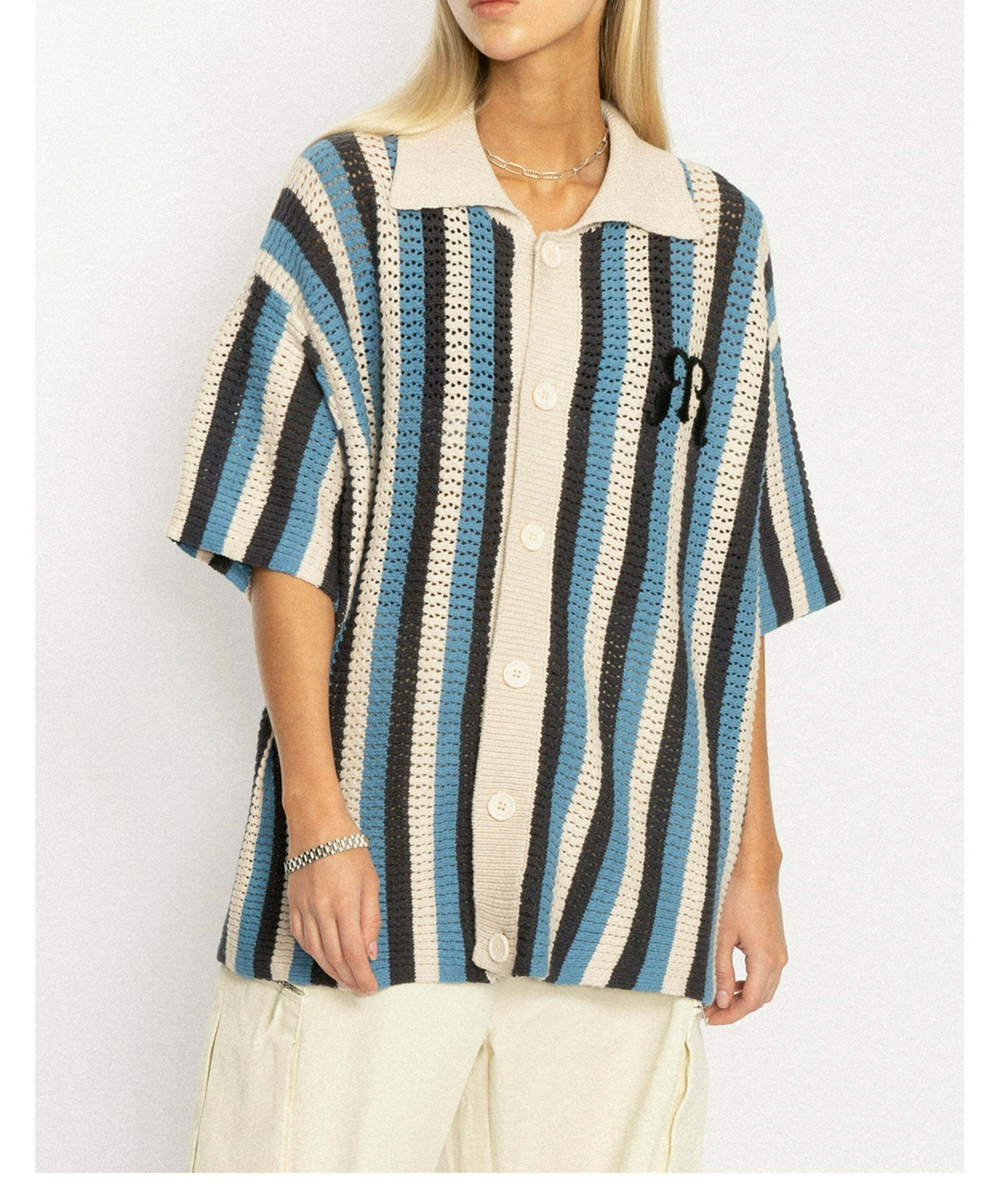 Y2K Striped Crochet Collar Shirt - Retro 90s Grunge, Summer Y2K Outfits, Pastel Goth Style