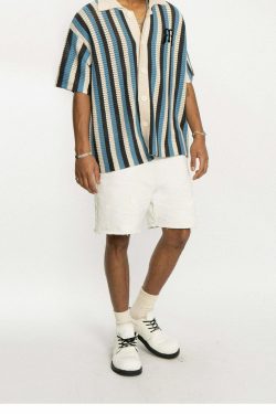 Y2K Striped Crochet Collar Shirt - Retro 90s Grunge, Summer Y2K Outfits, Pastel Goth Style