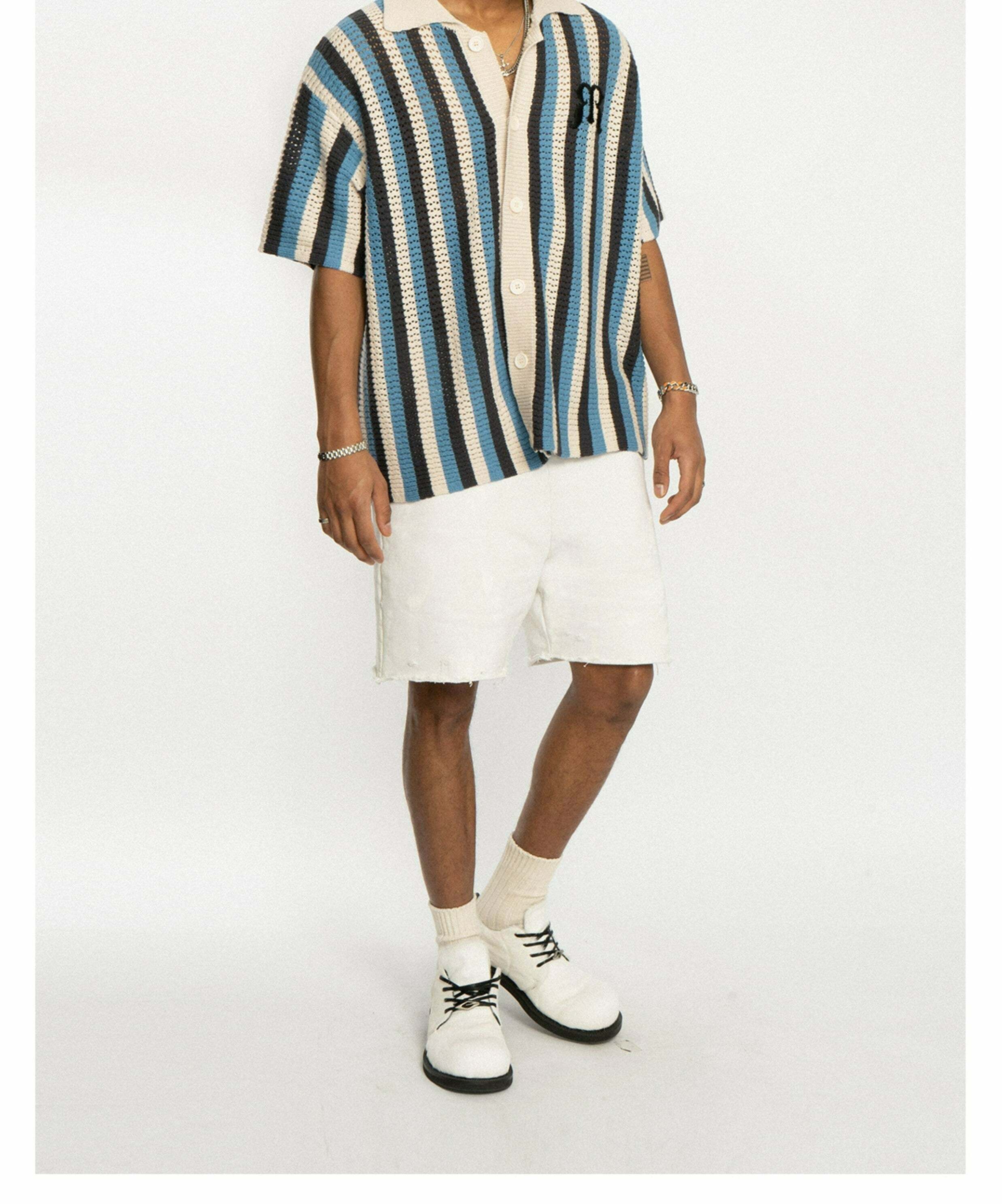 Y2K Striped Crochet Collar Shirt - Retro 90s Grunge, Summer Y2K Outfits, Pastel Goth Style