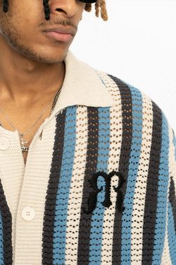 Y2K Striped Crochet Collar Shirt - Retro 90s Grunge, Summer Y2K Outfits, Pastel Goth Style