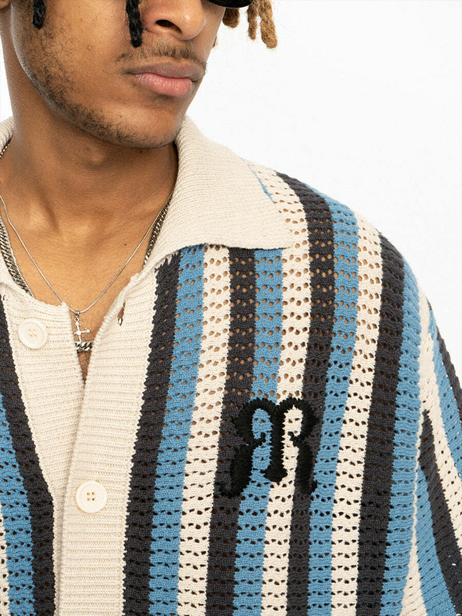 Y2K Striped Crochet Collar Shirt - Retro 90s Grunge, Summer Y2K Outfits, Pastel Goth Style