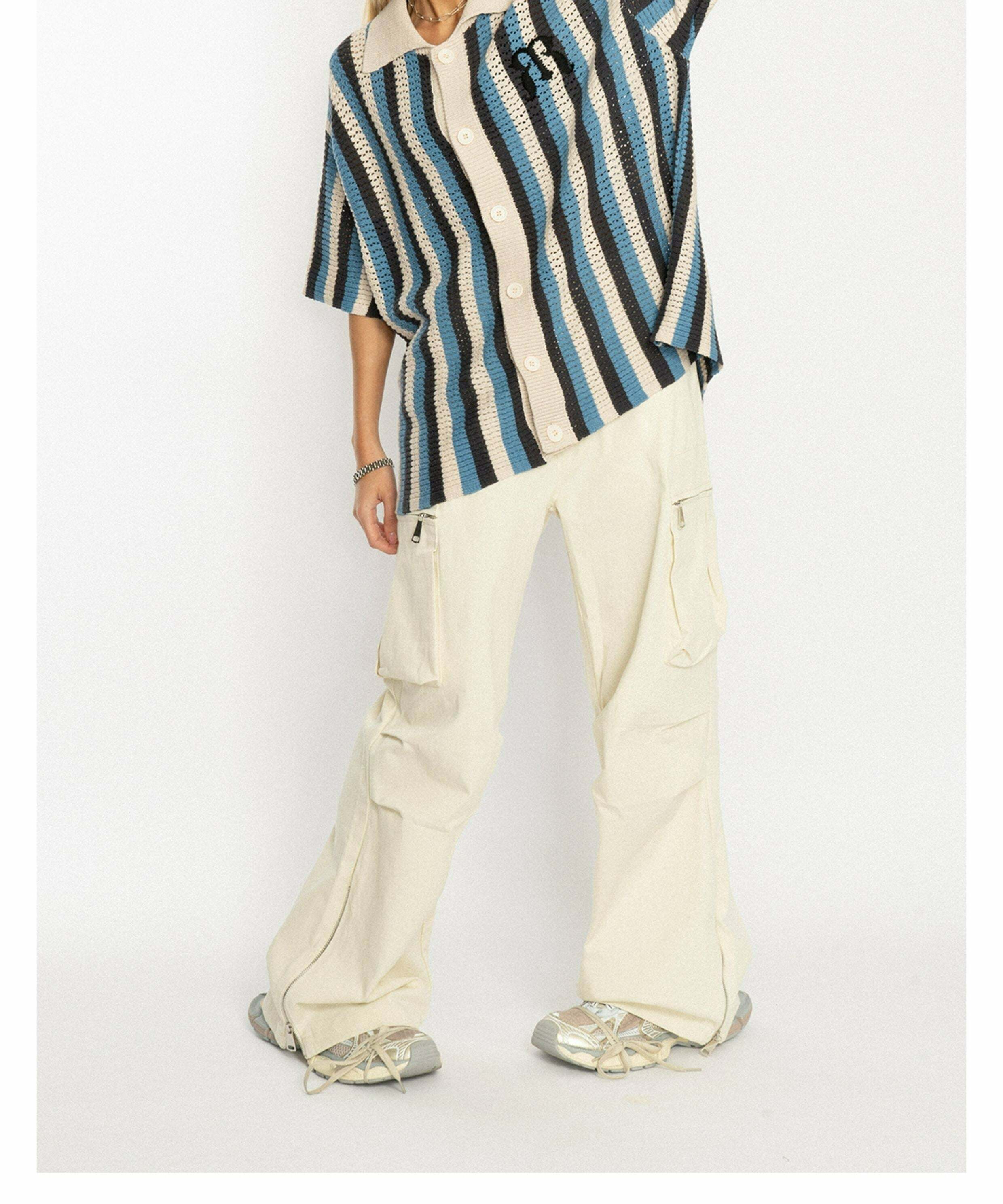 Y2K Striped Crochet Collar Shirt - Retro 90s Grunge, Summer Y2K Outfits, Pastel Goth Style