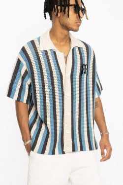 Y2K Striped Crochet Collar Shirt - Retro 90s Grunge, Summer Y2K Outfits, Pastel Goth Style