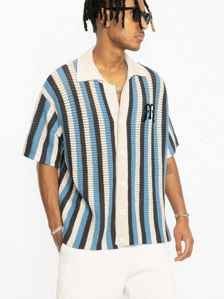 Y2K Striped Crochet Collar Shirt - Retro 90s Grunge, Summer Y2K Outfits, Pastel Goth Style