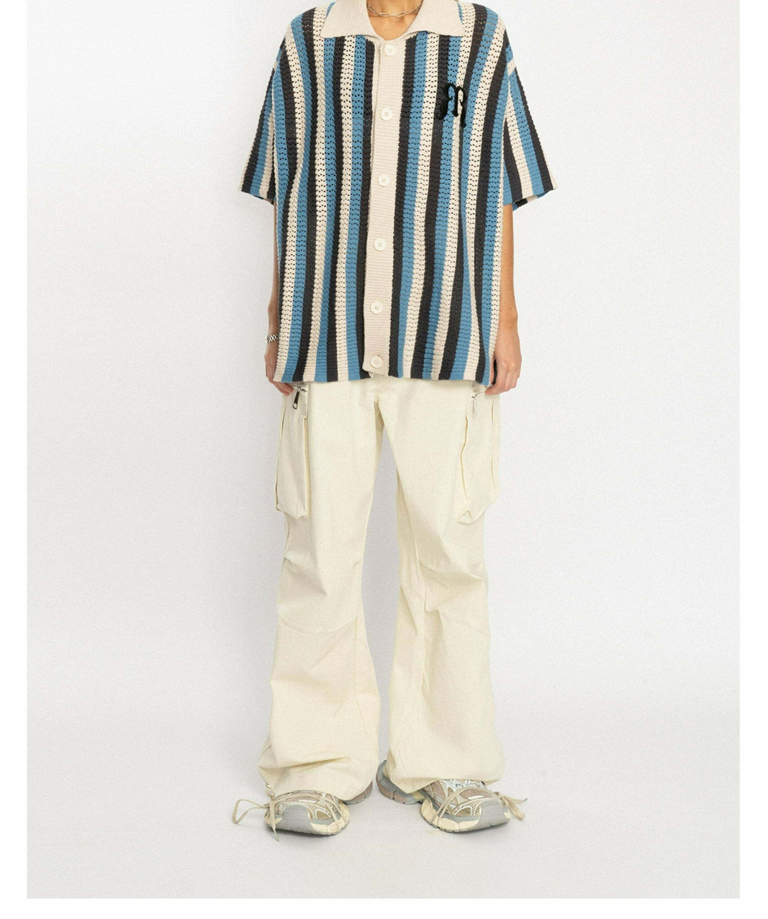 Y2K Striped Crochet Collar Shirt - Retro 90s Grunge, Summer Y2K Outfits, Pastel Goth Style