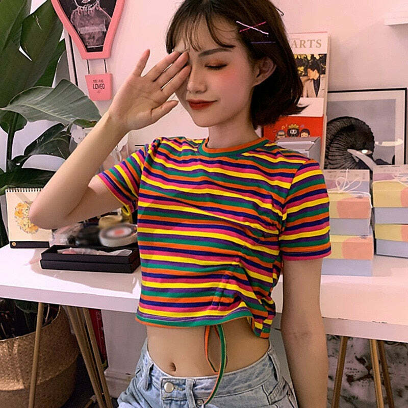 Y2K Striped Crop Top Tee - 90s Grunge, Retro Summer Outfit, Baby Tee, Y2K Fashion Essentials