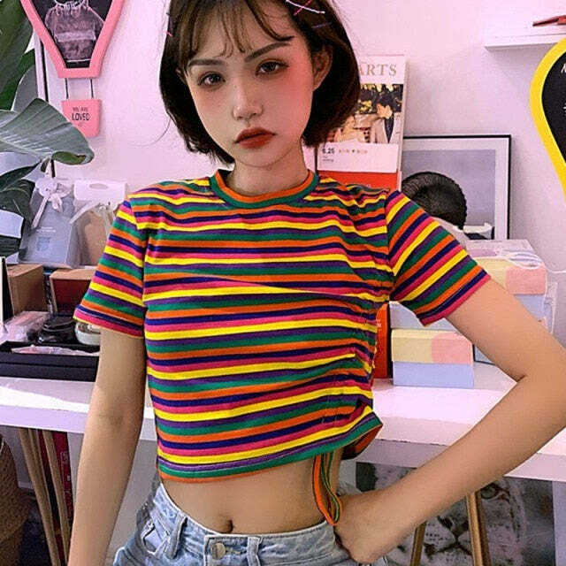 Y2K Striped Crop Top Tee - 90s Grunge, Retro Summer Outfit, Baby Tee, Y2K Fashion Essentials