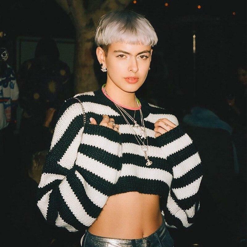 Y2K Striped Cropped Sweater - 90s Grunge, Retro Summer, Pastel Goth, Y2K Club Outfit