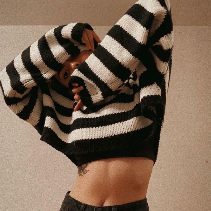 Y2K Striped Cropped Sweater - 90s Grunge, Retro Summer, Pastel Goth, Y2K Club Outfit