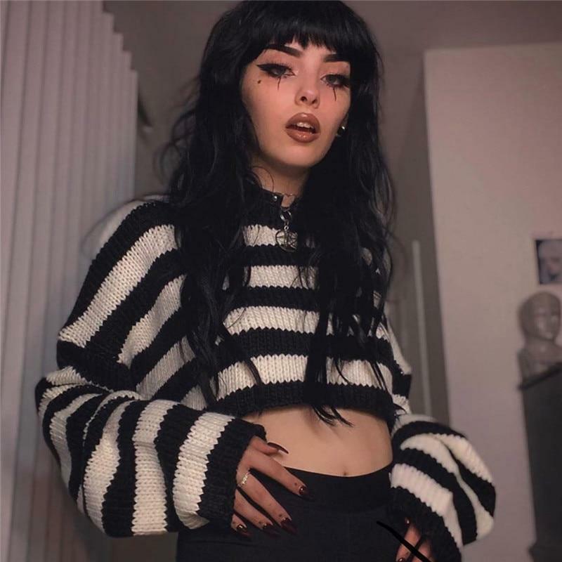 Y2K Striped Cropped Sweater - 90s Grunge, Retro Summer, Pastel Goth, Y2K Club Outfit