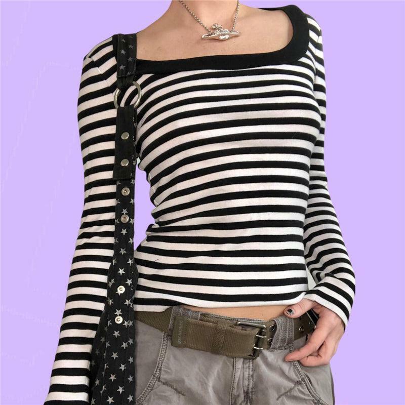 Y2K Striped Gothic Shirt - Retro 90s Grunge, Summer Y2K Outfits, Pastel Goth Fashion
