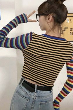 Y2K Striped Knitted Long Sleeves Top - Retro 90s Grunge, Summer Outfits, Pastel Goth Style