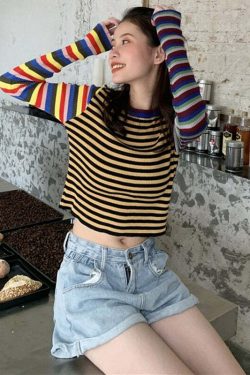 Y2K Striped Knitted Long Sleeves Top - Retro 90s Grunge, Summer Outfits, Pastel Goth Style