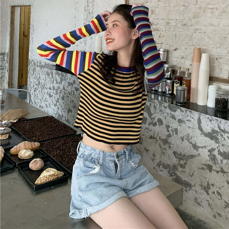 Y2K Striped Knitted Long Sleeves Top - Retro 90s Grunge, Summer Outfits, Pastel Goth Style