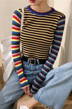Y2K Striped Knitted Long Sleeves Top - Retro 90s Grunge, Summer Outfits, Pastel Goth Style