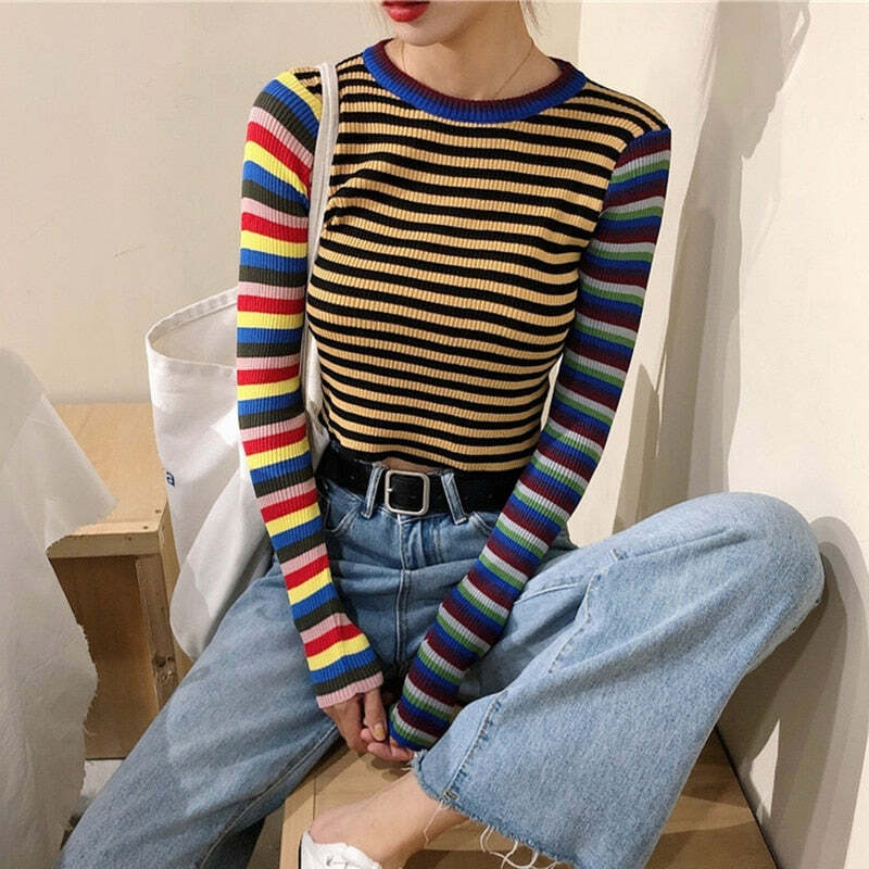 Y2K Striped Knitted Long Sleeves Top - Retro 90s Grunge, Summer Outfits, Pastel Goth Style