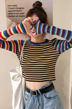 Y2K Striped Knitted Long Sleeves Top - Retro 90s Grunge, Summer Outfits, Pastel Goth Style