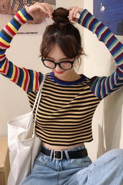 Y2K Striped Knitted Long Sleeves Top - Retro 90s Grunge, Summer Outfits, Pastel Goth Style
