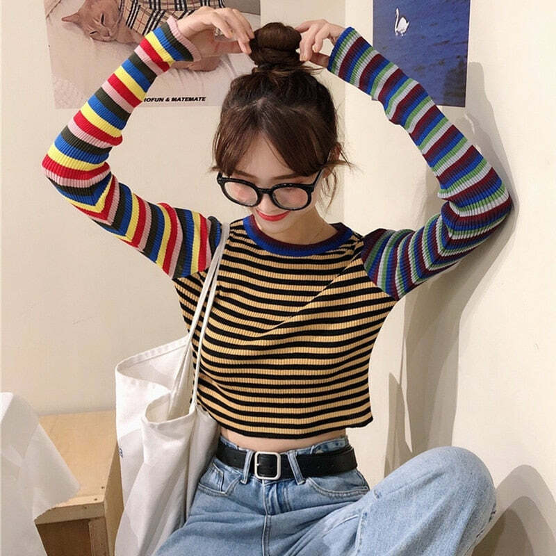 Y2K Striped Knitted Long Sleeves Top - Retro 90s Grunge, Summer Outfits, Pastel Goth Style