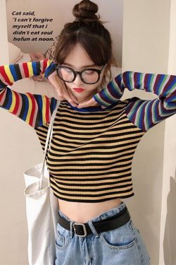 Y2K Striped Knitted Long Sleeves Top - Retro 90s Grunge, Summer Outfits, Pastel Goth Style
