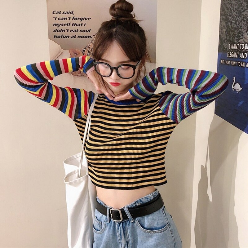 Y2K Striped Knitted Long Sleeves Top - Retro 90s Grunge, Summer Outfits, Pastel Goth Style