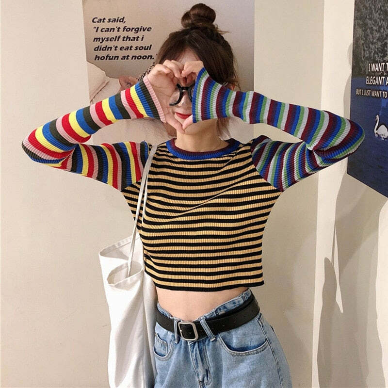 Y2K Striped Knitted Long Sleeves Top - Retro 90s Grunge, Summer Outfits, Pastel Goth Style