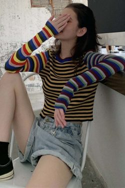 Y2K Striped Knitted Long Sleeves Top - Retro 90s Grunge, Summer Outfits, Pastel Goth Style