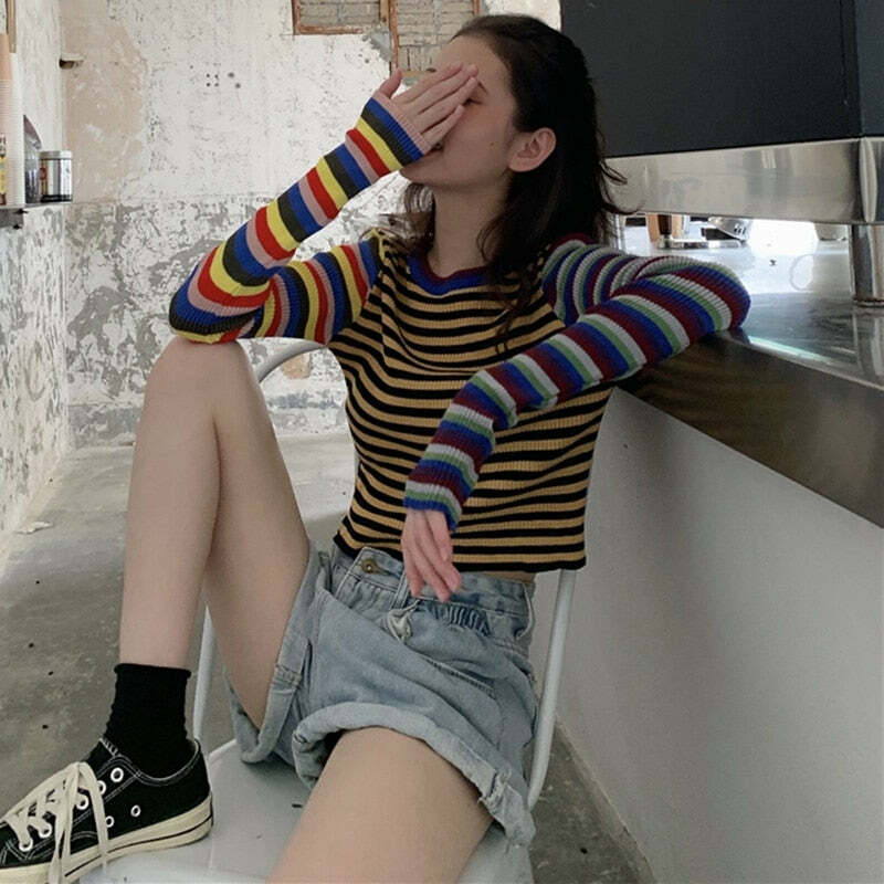 Y2K Striped Knitted Long Sleeves Top - Retro 90s Grunge, Summer Outfits, Pastel Goth Style