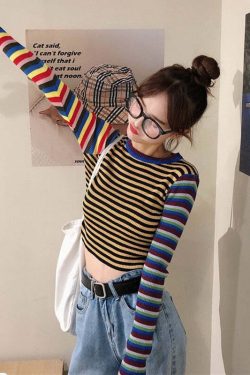 Y2K Striped Knitted Long Sleeves Top - Retro 90s Grunge, Summer Outfits, Pastel Goth Style
