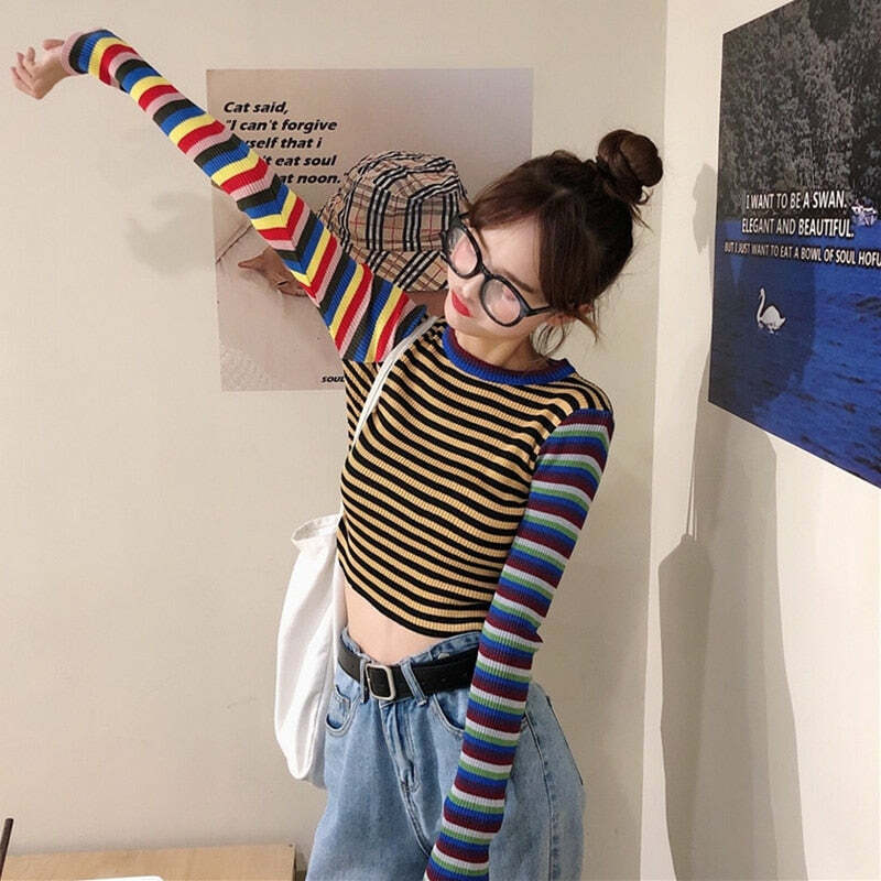 Y2K Striped Knitted Long Sleeves Top - Retro 90s Grunge, Summer Outfits, Pastel Goth Style
