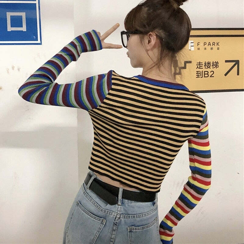 Y2K Striped Knitted Long Sleeves Top - Retro 90s Grunge, Summer Outfits, Pastel Goth Style