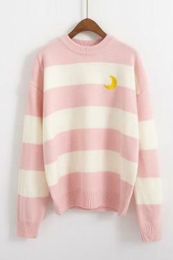 Y2K Striped Moon Sweater - Retro 90s Grunge, Summer Y2K Outfits, Pastel Goth Fashion