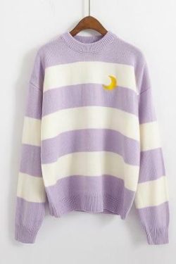 Y2K Striped Moon Sweater - Retro 90s Grunge, Summer Y2K Outfits, Pastel Goth Fashion
