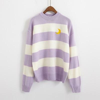 Y2K Striped Moon Sweater - Retro 90s Grunge, Summer Y2K Outfits, Pastel Goth Fashion