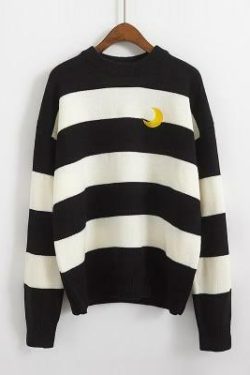 Y2K Striped Moon Sweater - Retro 90s Grunge, Summer Y2K Outfits, Pastel Goth Fashion