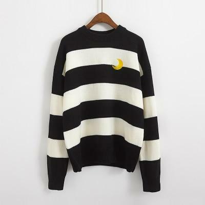 Y2K Striped Moon Sweater - Retro 90s Grunge, Summer Y2K Outfits, Pastel Goth Fashion