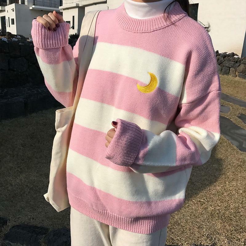 Y2K Striped Moon Sweater - Retro 90s Grunge, Summer Y2K Outfits, Pastel Goth Fashion
