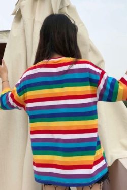 Y2K Striped Multicolour Shirt - Retro 90s Grunge, Summer Y2K Outfits, Pastel Goth Fashion
