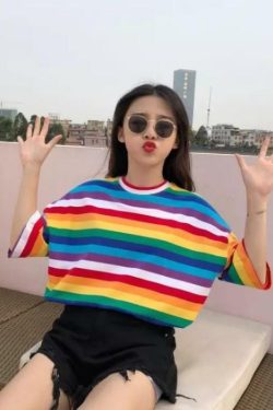 Y2K Striped Multicolour Shirt - Retro 90s Grunge, Summer Y2K Outfits, Pastel Goth Fashion