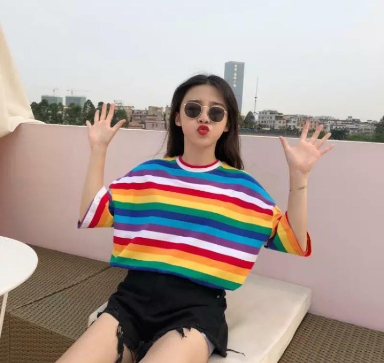 Y2K Striped Multicolour Shirt - Retro 90s Grunge, Summer Y2K Outfits, Pastel Goth Fashion